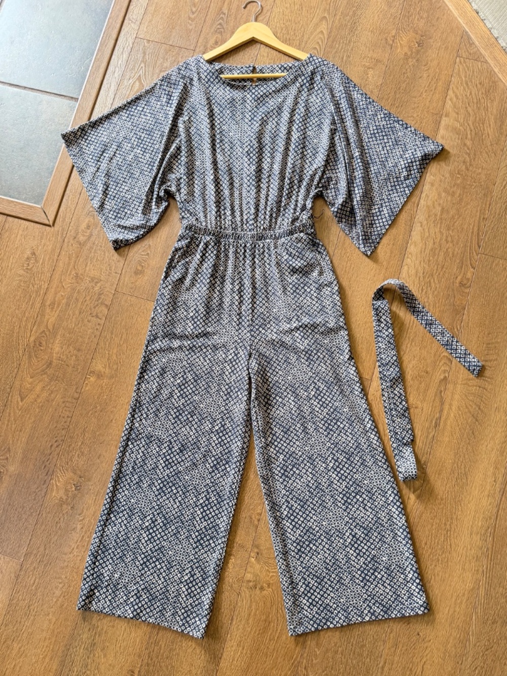 NEW Garnet Hill Prato Knit Jumpsuit Boat Neck Navy Kimono Sleeve Belt Stretch - Picture 6 of 16